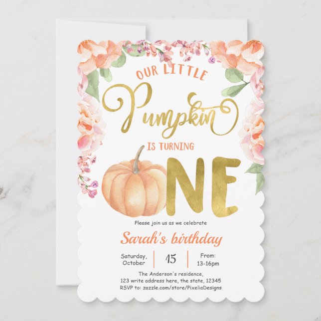 Invitation Little Pumkin Girl 1er anniversaire Automne Floral (Devant)