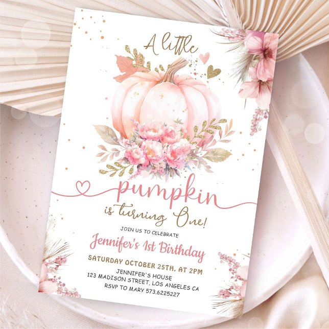 Invitation Little Pumpkin 1st Birthday Pink Gold Girls (Créateur téléchargé)