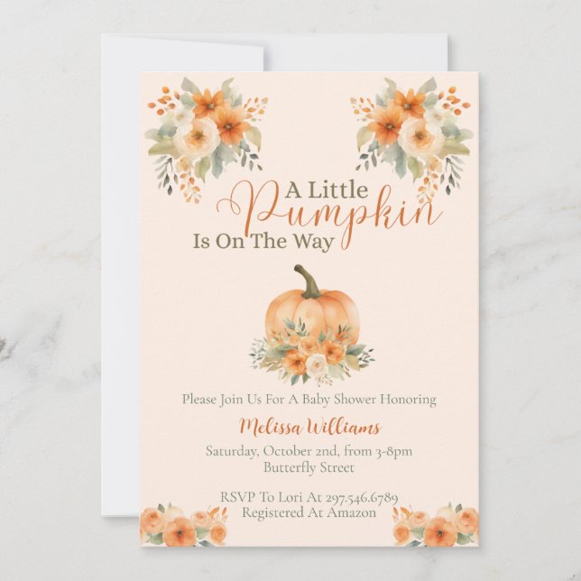 Invitation Little Pumpkin Orange Floral Fall Baby Shower  (Devant)