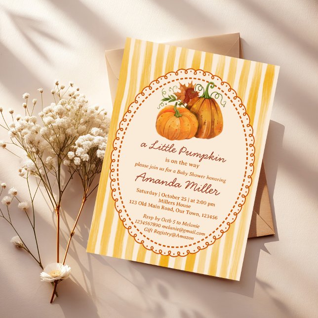 Invitation Little pumpkin retro stripes baby shower (Little pumpkin hand drawn retro yellow stripes cute fall baby shower invitation cards template)