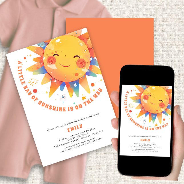 Invitation Little Ray of Sunshine Baby shower rétro (Front and back view. Available digitally and printed)
