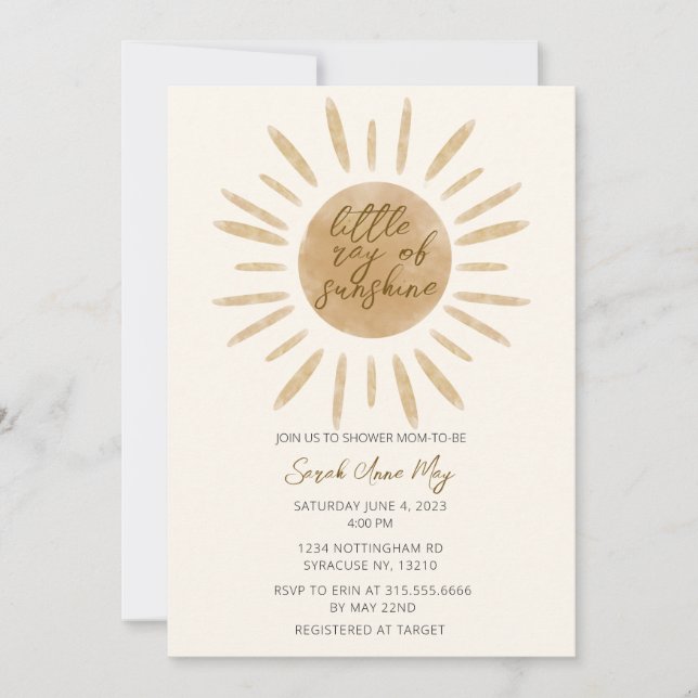 Invitation Little Ray of Sunshine Boho Baby shower (Devant)