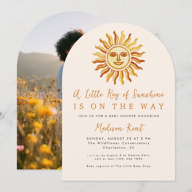 Invitation Little Ray of Sunshine Boho Sun Photo Baby Shower (Devant / Derrière)