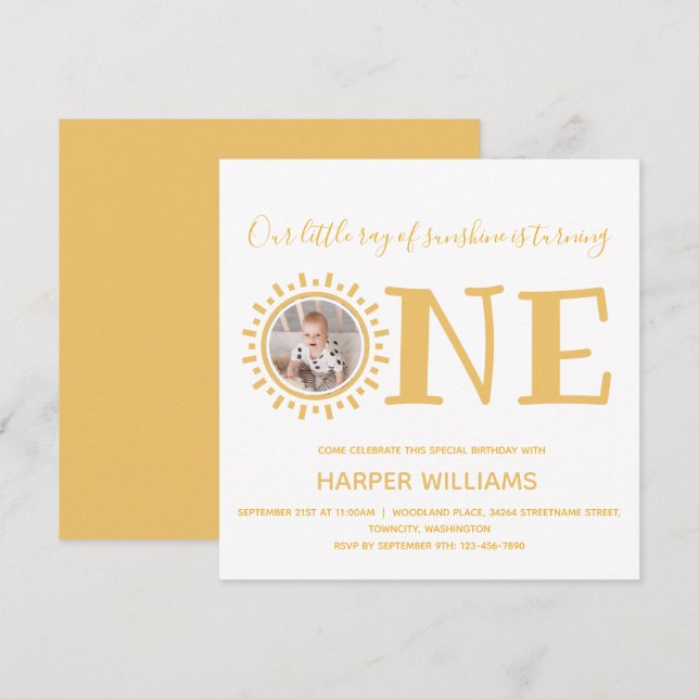 Invitation Little Ray of Sunshine Photo Baby 1er anniversaire (Devant / Derrière)