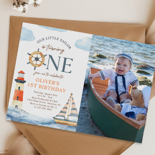 Invitation Little Sailor Nautical Blue 1er Anniversaire Photo