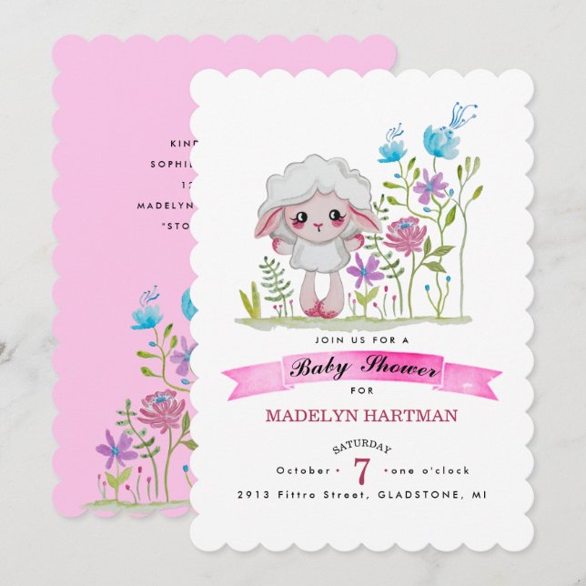 Invitation Little sheep in watercolor (Devant / Derrière)