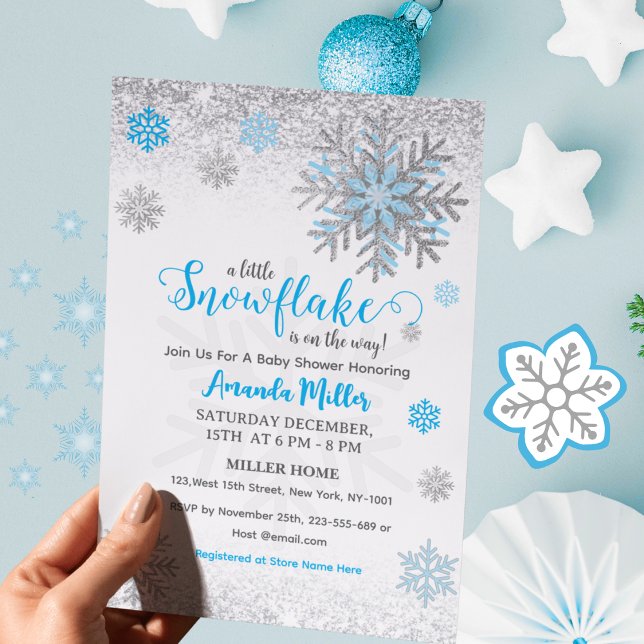Invitation Little Snow Flake Blue Silver Glittery Baby Shower (Créateur téléchargé)