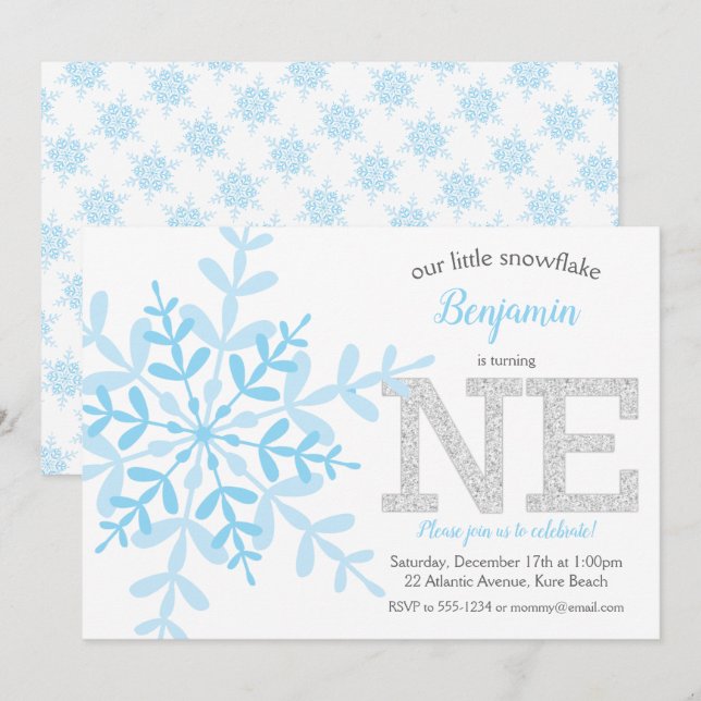 Invitation Little Snowflake Blue Silver Parties scintillant 1 (Devant / Derrière)