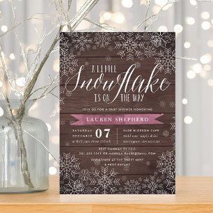 Invitation Little Snowflake Plum Baby shower en bois rustique