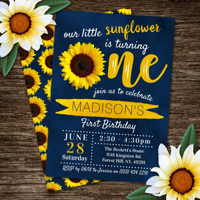 Invitation Little Sunflower Navy Bleu 1er anniversaire (Créateur téléchargé)