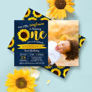 Invitation Little Sunflower Navy Bleu 1er anniversaire Photo