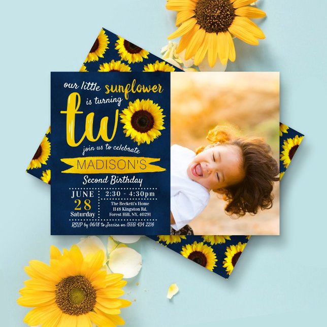 Invitation Little Sunflower Navy Bleu 2e anniversaire Photo (Créateur téléchargé)