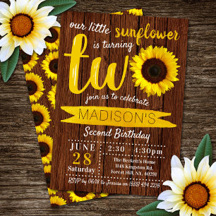 Invitation Little Sunflower Rustic Wood 2e anniversaire