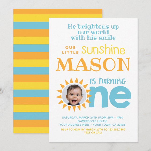 Invitation Little Sunshine 1er anniversaire avec photo (Devant / Derrière)