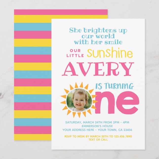 Invitation Little Sunshine 1er anniversaire avec photo (Devant / Derrière)
