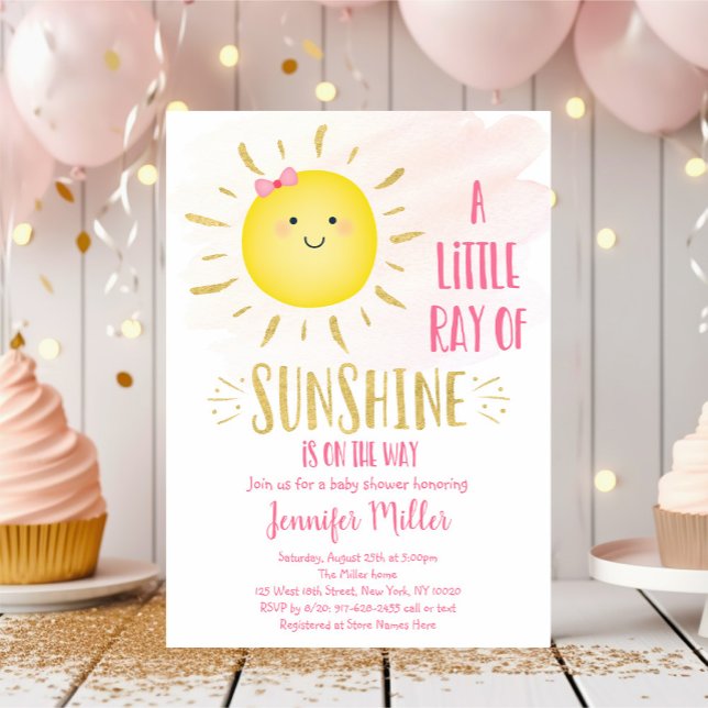 Invitation Little Sunshine Baby shower rose et or (Créateur téléchargé)