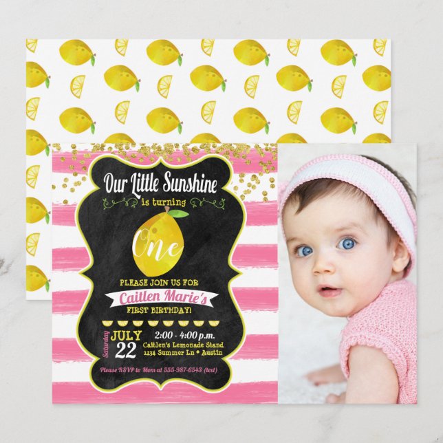 Invitation Little Sunshine Lemon Photo Anniversaire (Devant / Derrière)