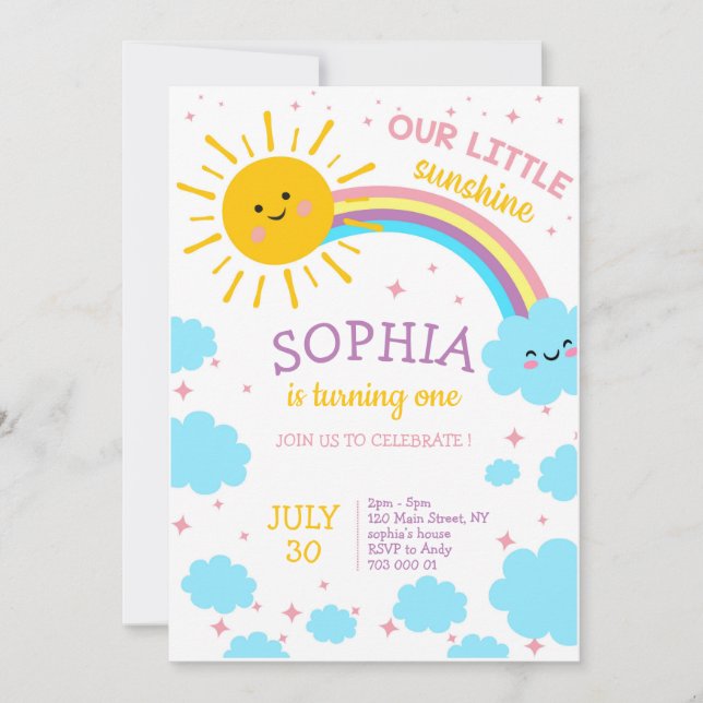 Invitation Little Sunshine ONE Rainbow Girl 1er anniversaire  (Devant)