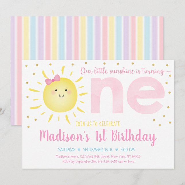 Invitation Little Sunshine Pastel Pink Gold Premier anniversa (Devant / Derrière)