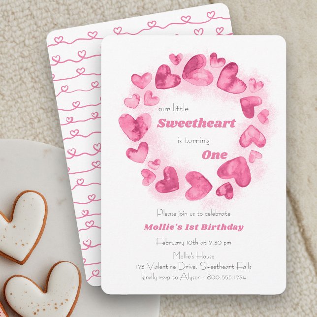 Invitation Little Sweetheart 1er anniversaire Pink Love Heart (Little Sweetheart Pink Heart Birthday Invitation)