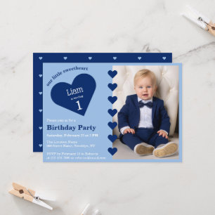Invitation Little Sweetheart Boy Photo & Blue Heart Anniversa