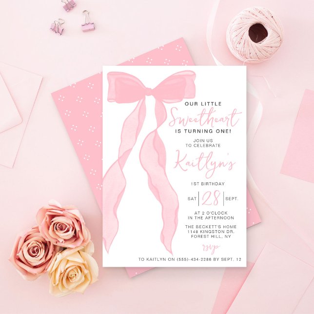 Invitation Little Sweetheart Elegant Pink Bow Birthday Party (Créateur téléchargé)