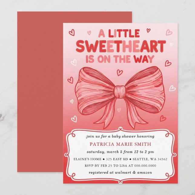 Invitation Little Sweetheart Valentines Bow Baby Shower (Devant / Derrière)