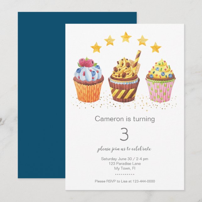 Invitation Little Sweetie Watercolor Cupcakes fête d'annivers (Devant / Derrière)