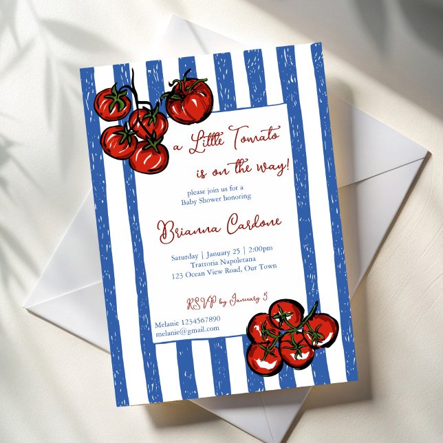 Invitation Little tomato blue stripes Italian baby shower (Little tomato blue stripes Italian  farmers market baby shower Invitation cards template)