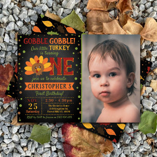 Invitation Little Turkey Fall Thanksgiving 1er Birthday Photo
