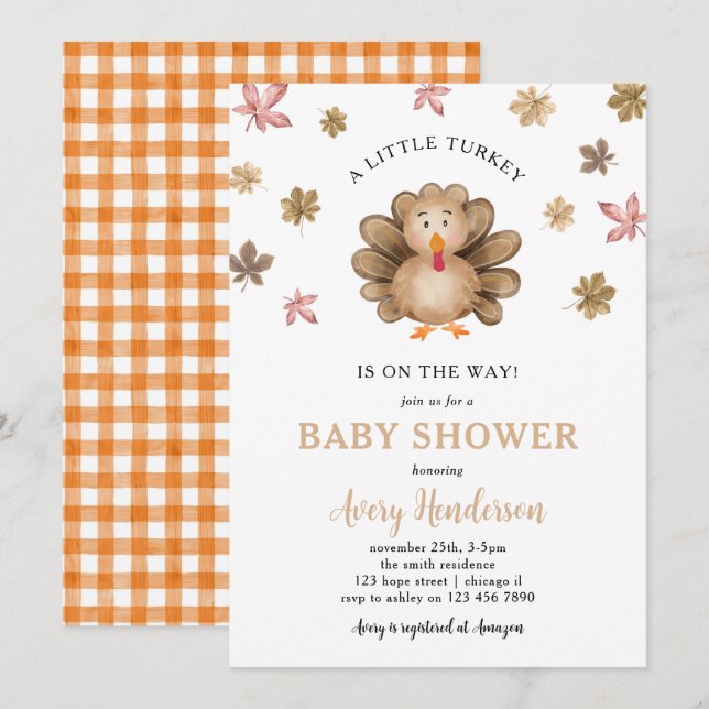 Invitation Little Turkey Thanksgiving Fall Baby shower (Devant / Derrière)