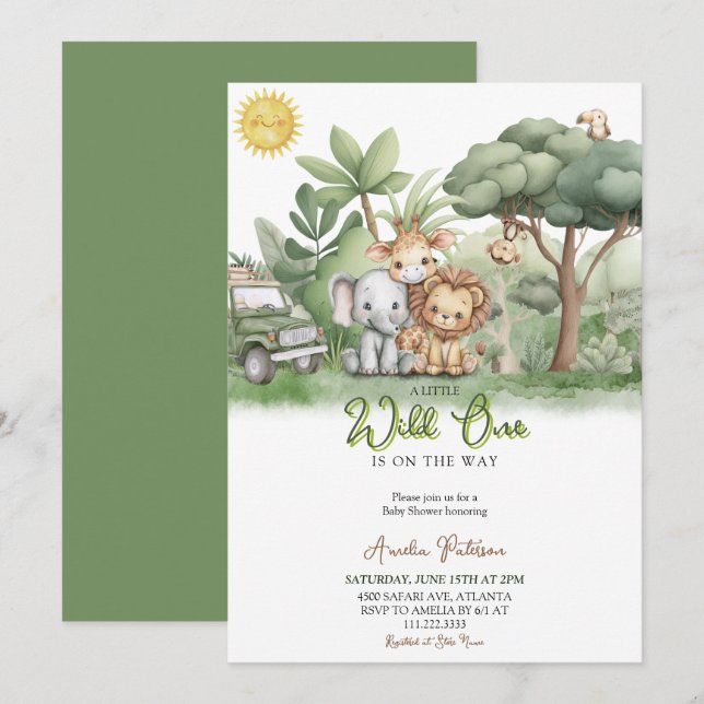 Invitation Little Wild One Safari Animals Watercolor (Devant / Derrière)