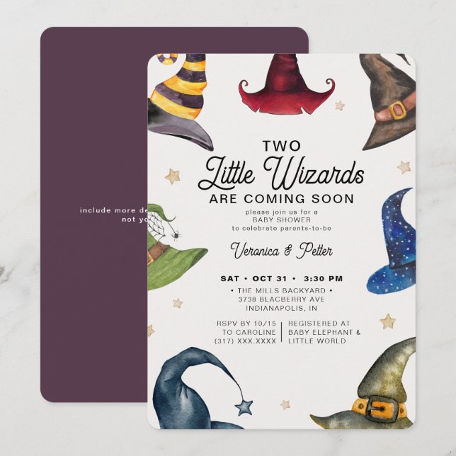 Invitation Little Wizards Twin Boys Baby shower d'Halloween (Devant / Derrière)