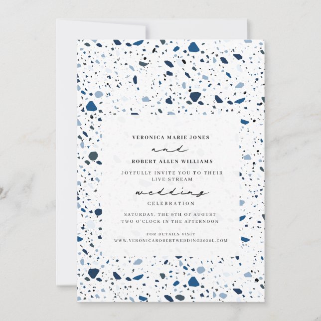 Invitation Live Stream Mariage virtuel Cobalt Terrazzo (Devant)