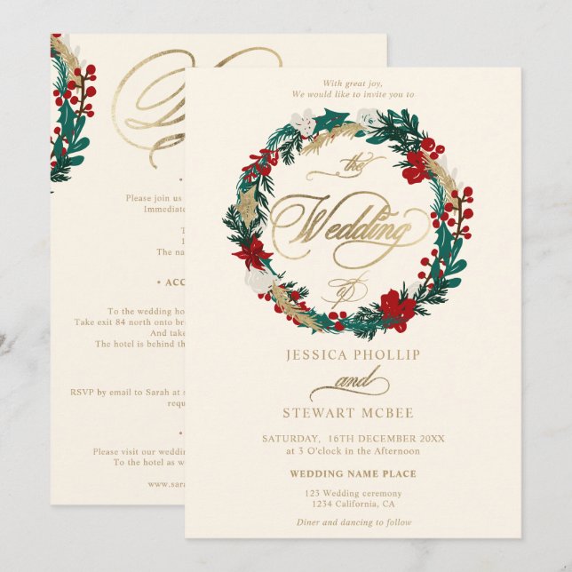 Invitation L'ivoire d'or d'hiver tout en un mariage de callig (Devant / Derrière)