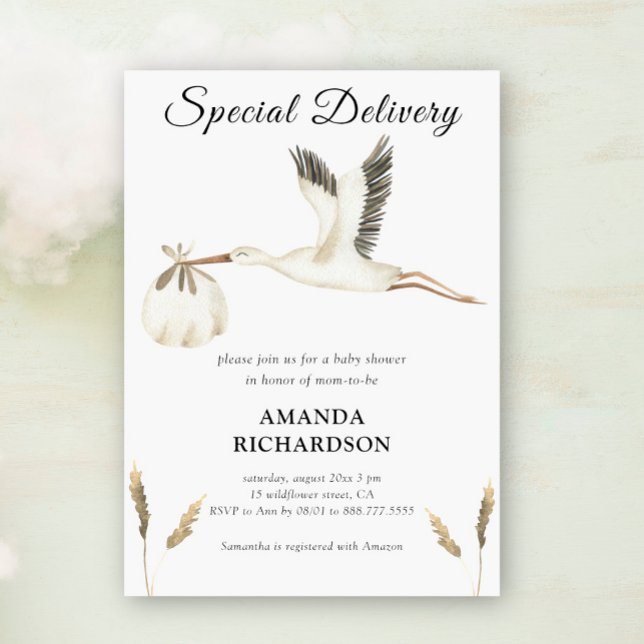 Invitation Livraison spéciale Baby shower de cigogne d'aquare (Créateur téléchargé)