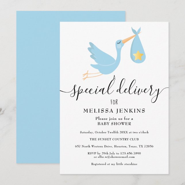 Invitation Livraison spéciale Baby shower étoile Stork (Devant / Derrière)