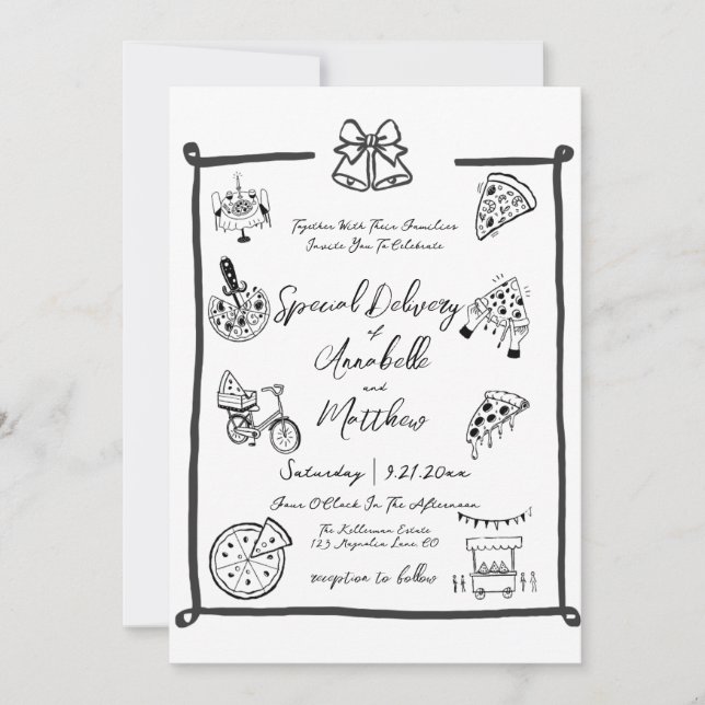 Invitation Livraison spéciale Pizza doodle baby shower fille  (Devant)