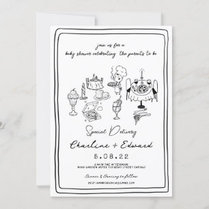 Invitation Livraison spéciale Pizza doodle baby shower fille 
