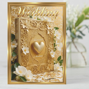 Invitation Livre de mariage élégant Cœur doré Fleurs blanches