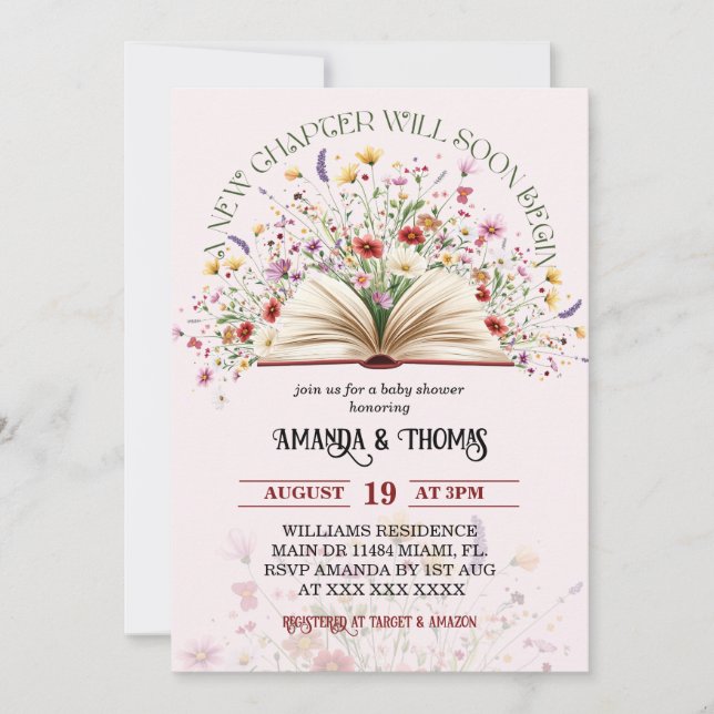 Invitation Livre Fleur sauvage rose Nouveau Baby shower de ch (Devant)