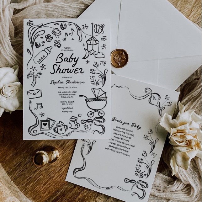 Invitation Livres Whimsical dessinés à la main pour bébé, Bab (Créateur téléchargé)