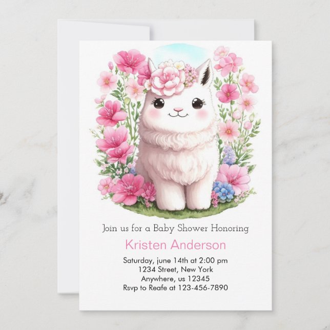 Invitation Llama Adventure Attend Baby shower fille rose (Devant)