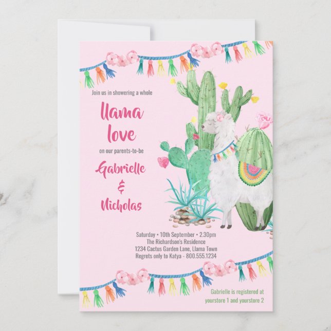 Invitation Llama Baby shower rose Llama Love (Devant)