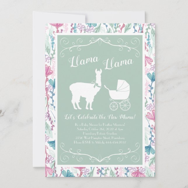 Invitation Llama Baby shower vert mignon Hommes Neutre (Devant)