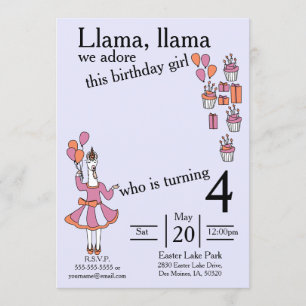 Invitation Llama Birthday Girl lavendar et orange