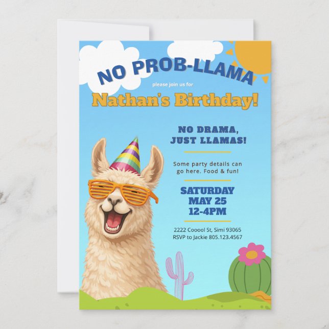 Invitation Llama Birthday Party Invite, No Prob-Llama (Devant)