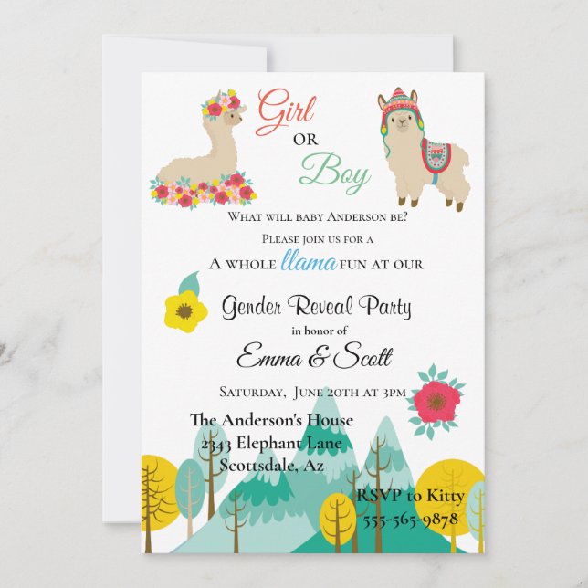 Invitation Llama Colorful Genre Reveal Party (Devant)