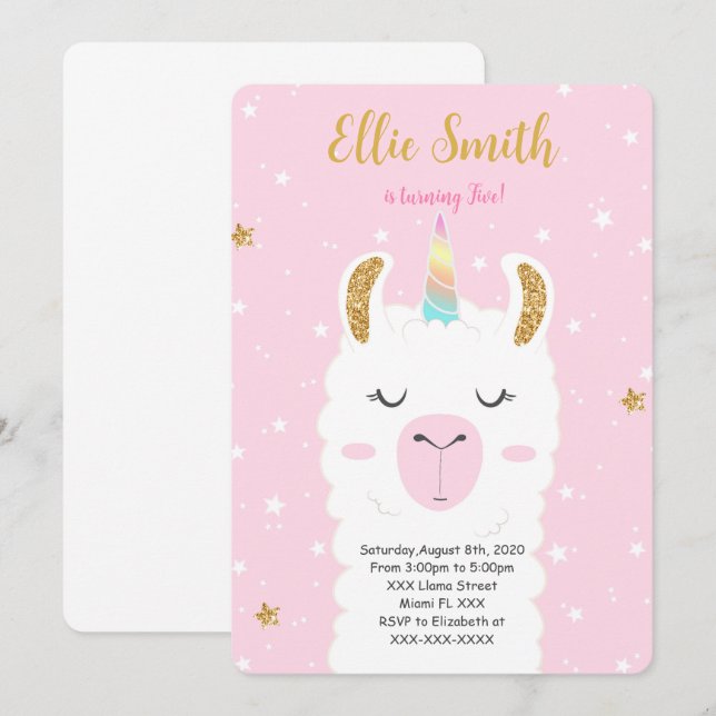 Invitation Llama couleur de l'eau (Devant / Derrière)