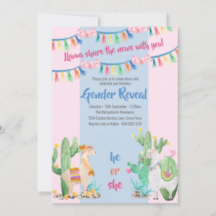 Invitation Llama et Cactus Révélation de genre rose et bleu